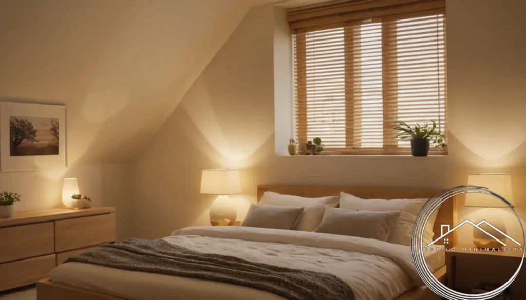 Minimalist strips and small lamps lighting up a cozy low-ceilinged bedroom.
