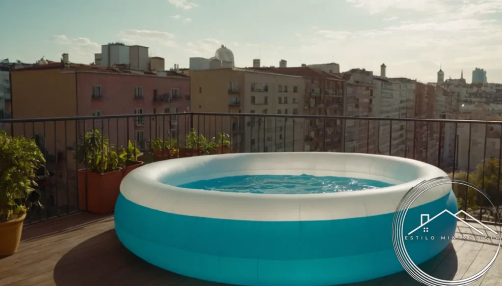 A colorful inflatable pool on an urban balcony.
