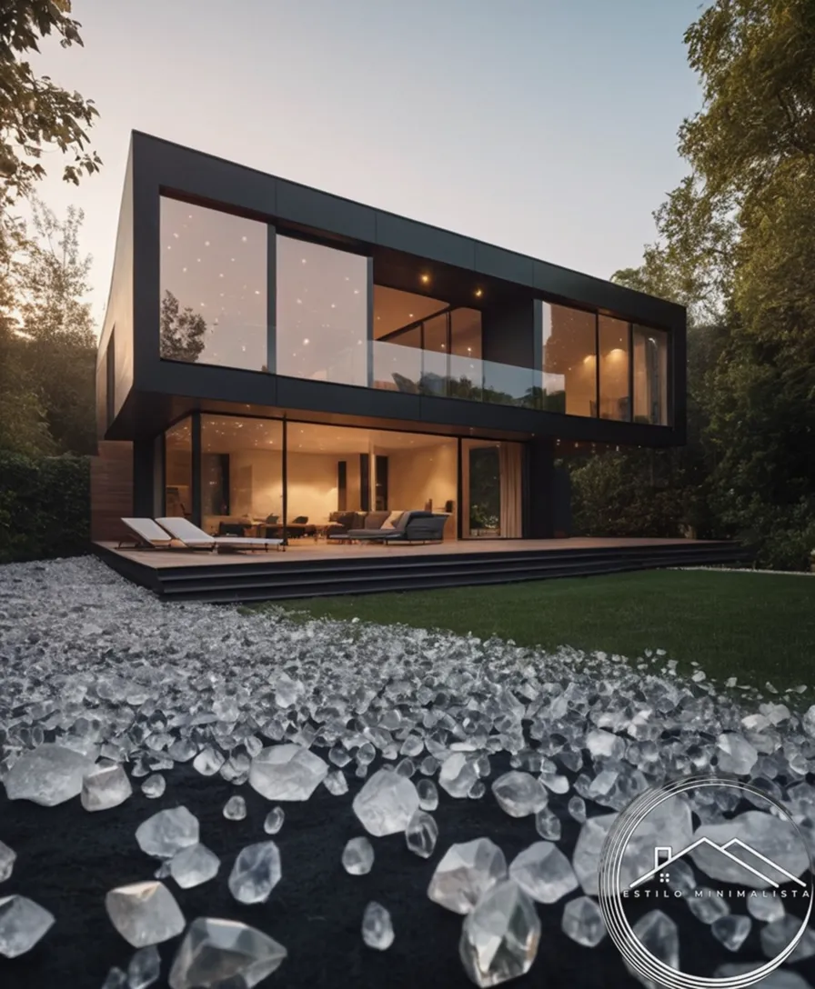 A minimalist house with crystals, showing energy efficiency features.