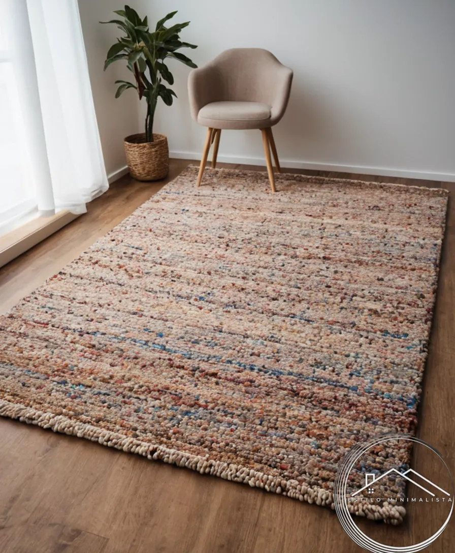 A minimalist rug made from recycled textile scraps.