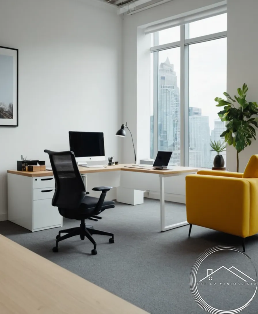 A clutter-free office with tidy minimalist spaces and furniture.