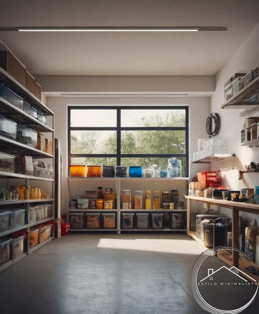 A minimalist garage organized with transparent containers and categorized storage.