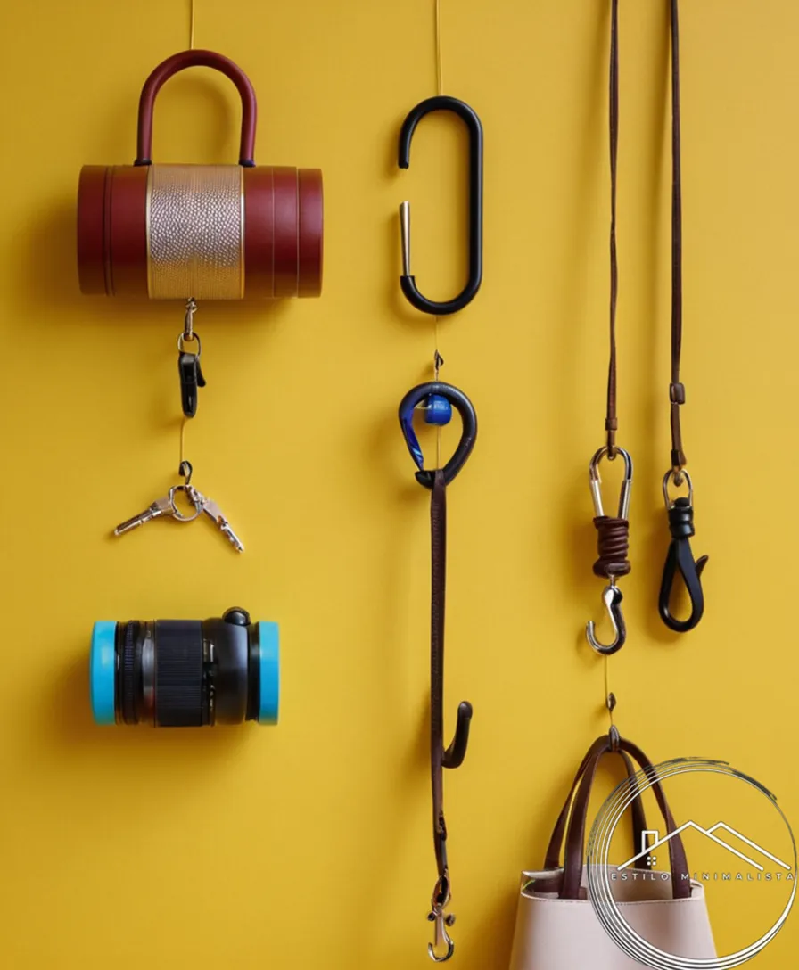various pet accessories organized minimally on a colorful hook wall.