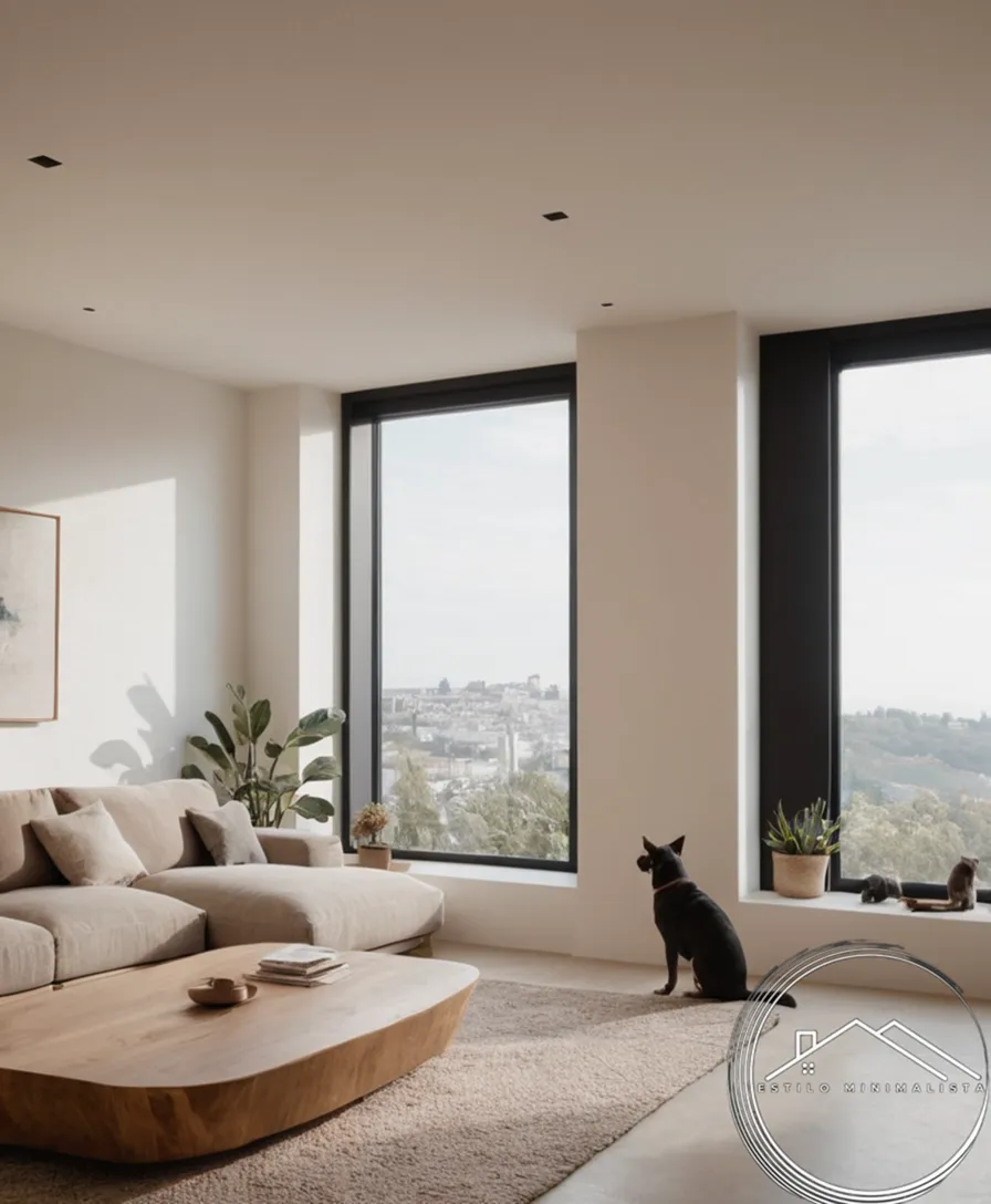 a minimalist living space with pets incorporated tastefully.