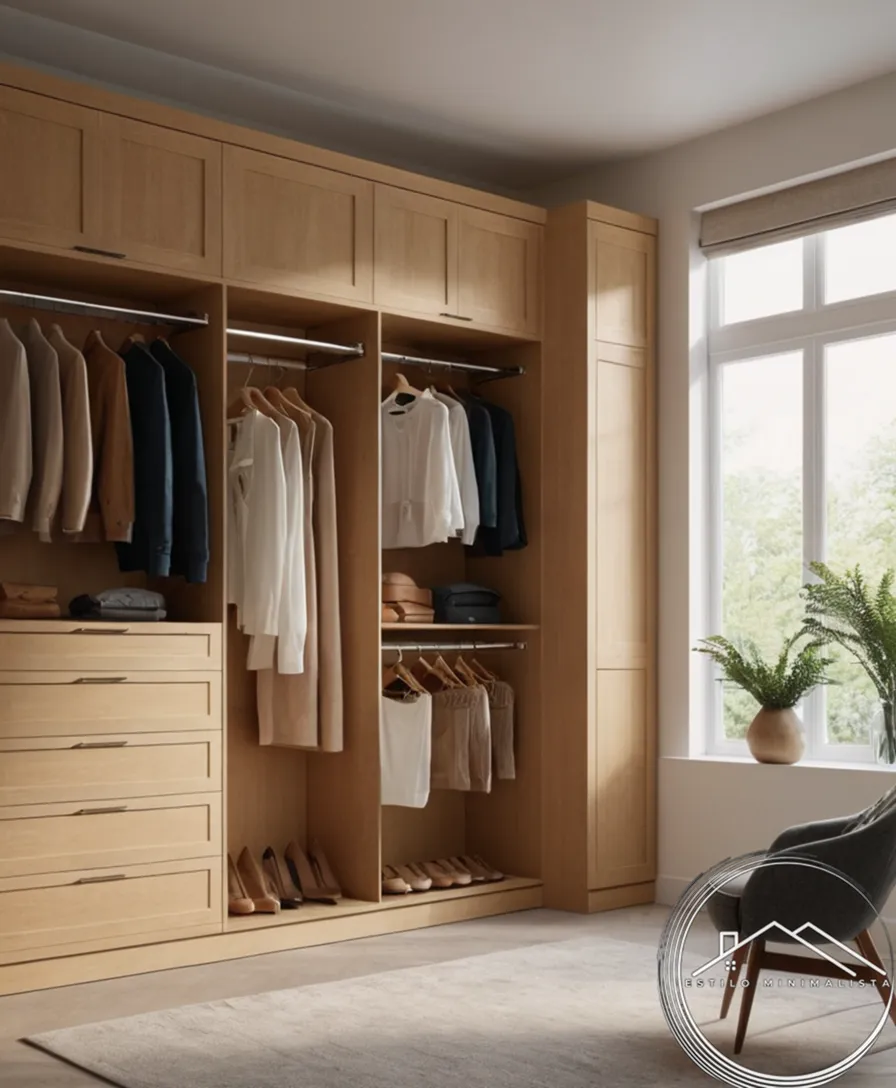 A sleek, organized closet with minimal clothing and storage.