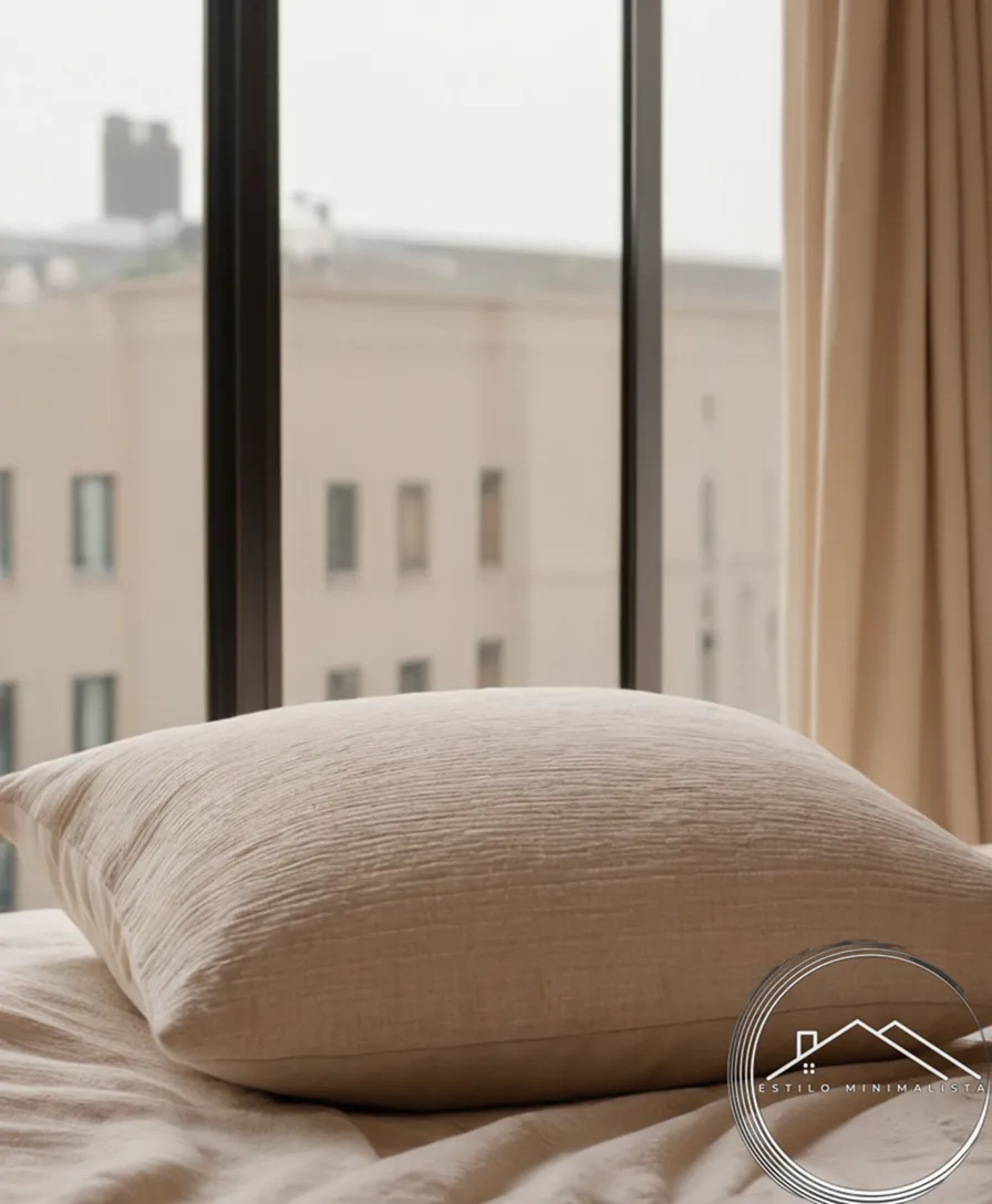 2 minimalist-style pillows and beige blanket on a bed.