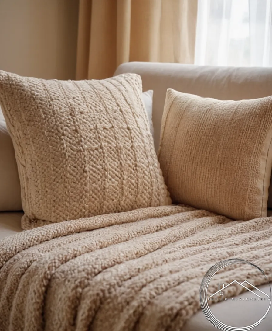 2 soft, beige-colored blankets and pillows arranged invitingly.