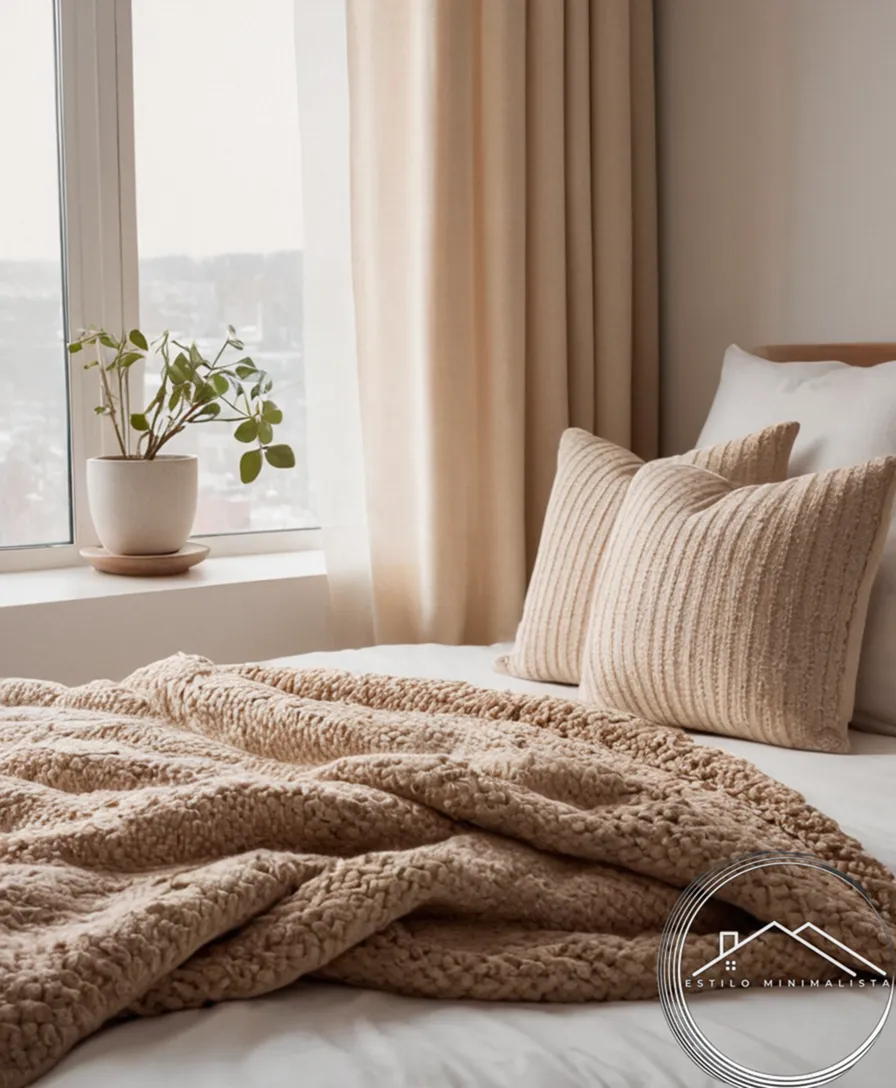 2 minimalist throw pillows and a beige blanket on a bed.