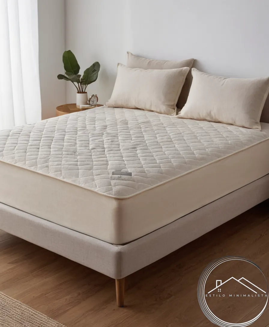 A minimalist cotton mattress protector in natural linen setting.