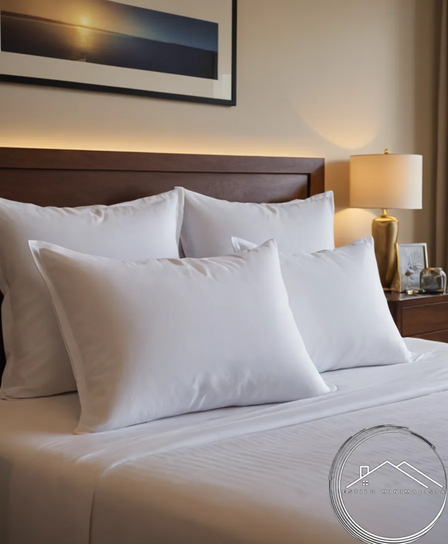 3 minimalist Egyptian cotton pillow covers on a stylish hotel bed.