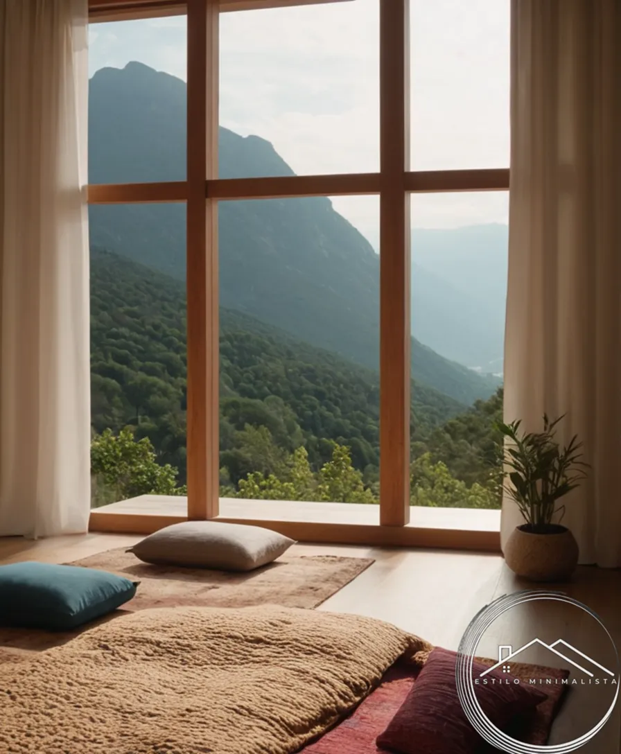 A serene, minimalist bedroom scene for meditation and relaxation.