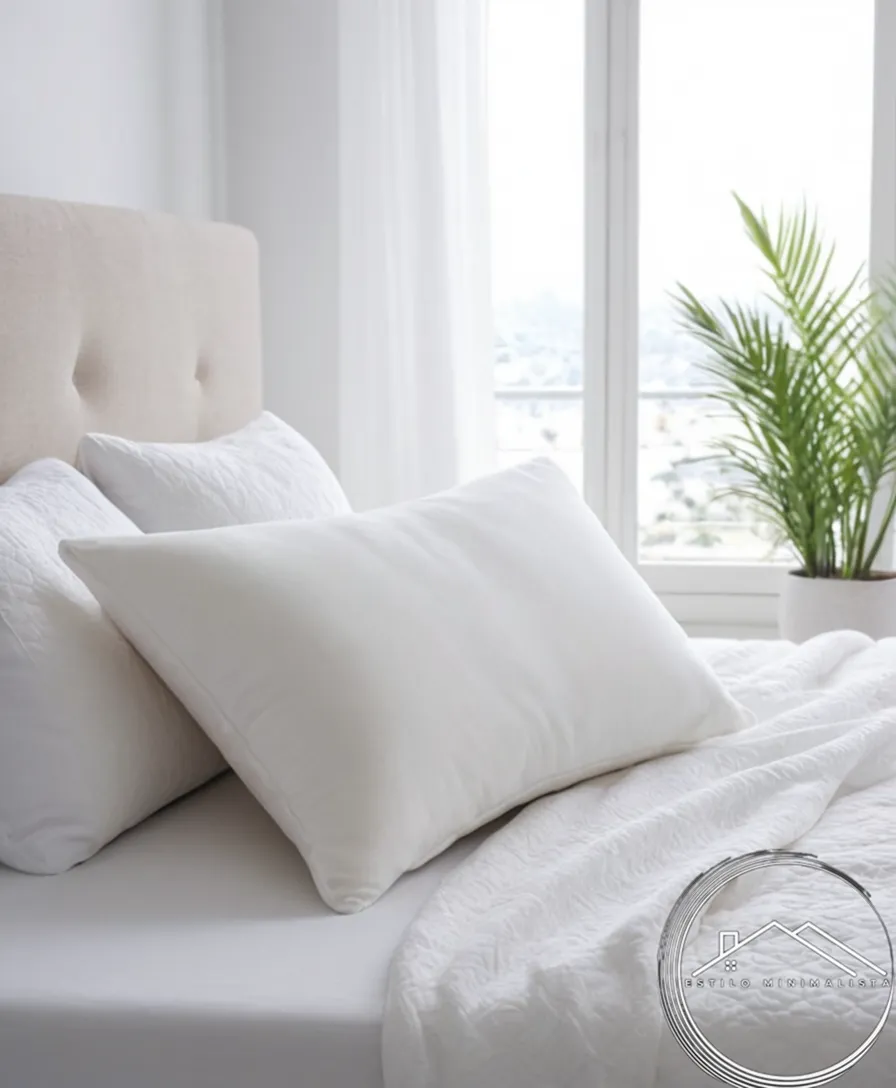 A minimalist plush pillow on a serene, white bed surface.