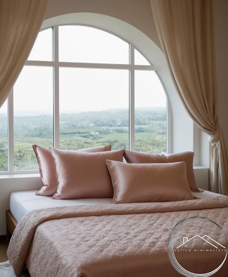 A serene bed with minimalist silk pillows and soft bedding.