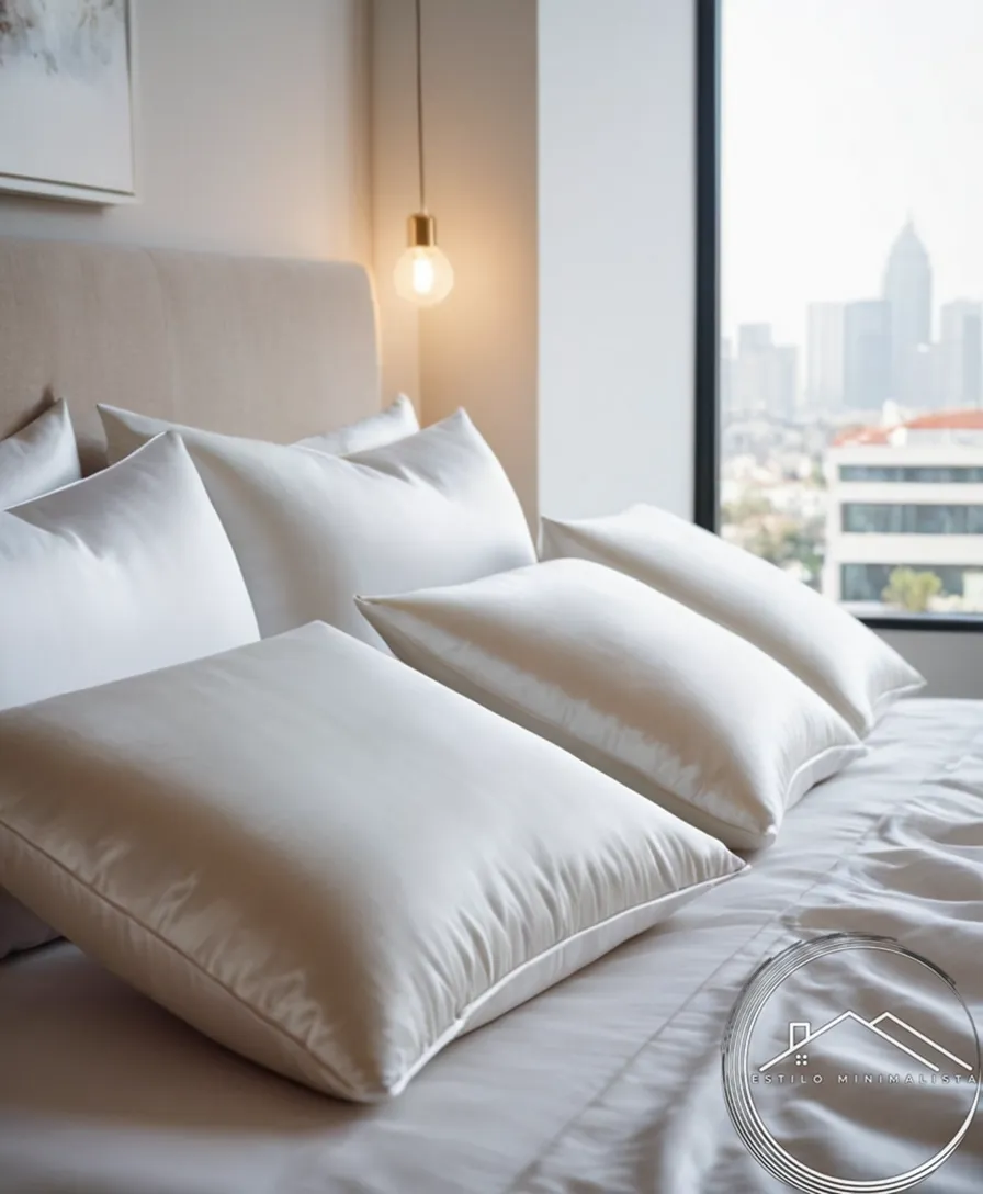 2-3 sleek, minimalist silk pillows on a white bed.