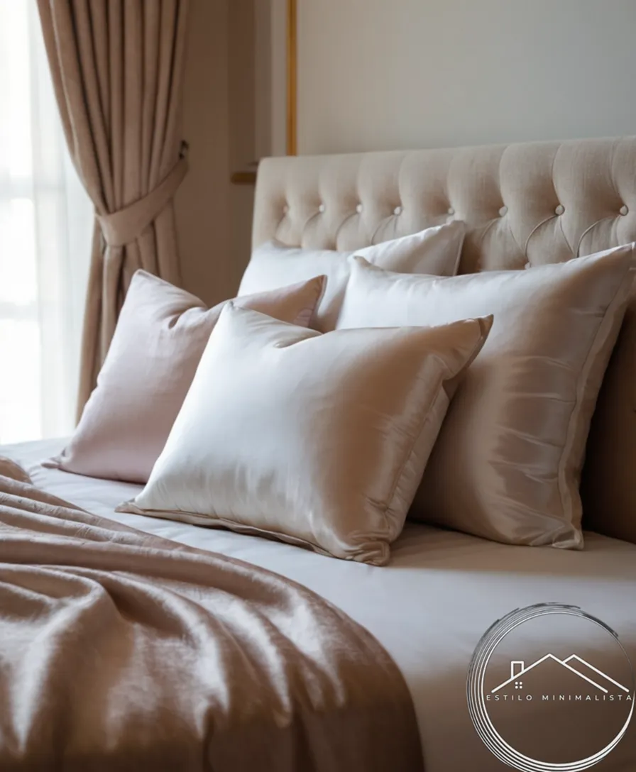 A minimalist bedding arrangement with delicate silk cushions.