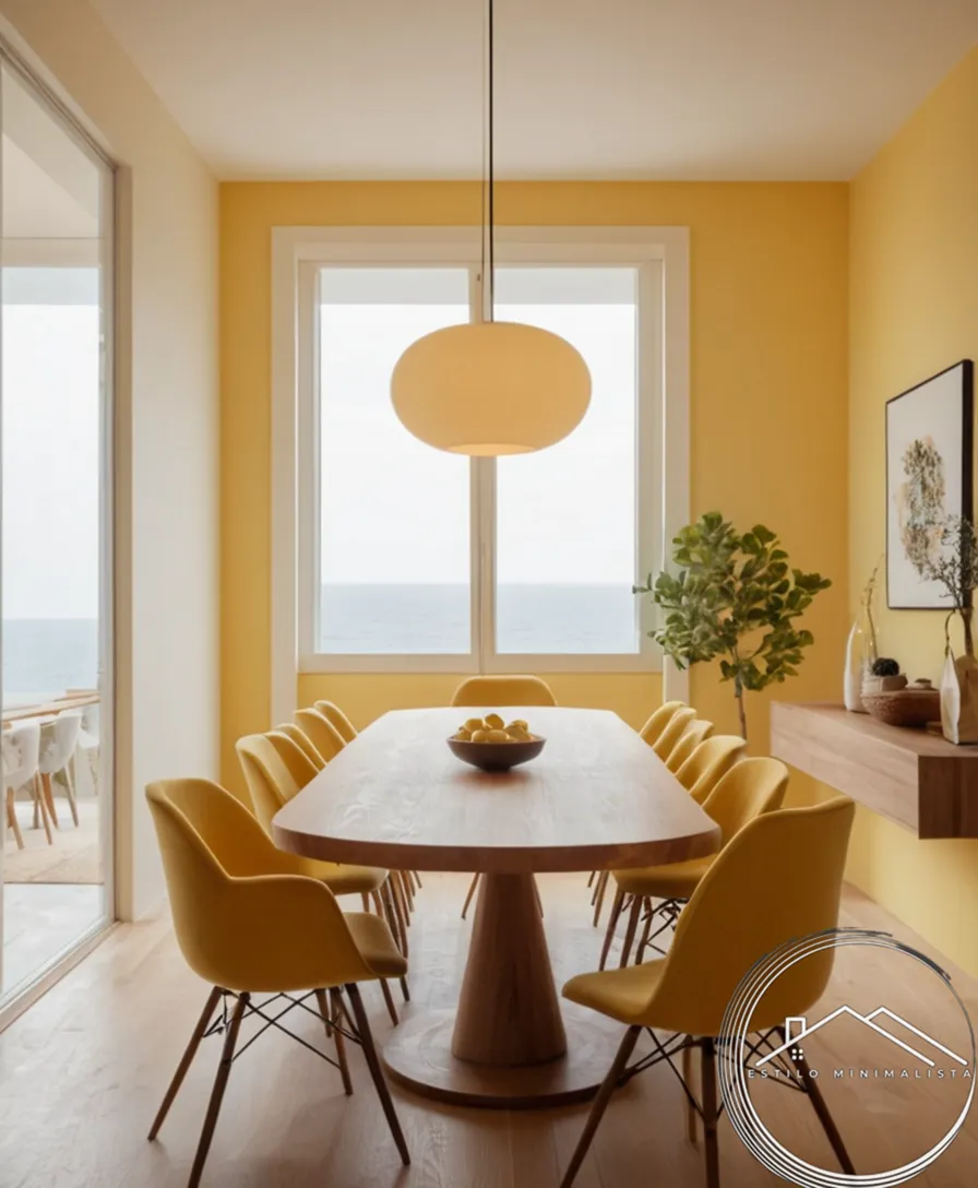 A minimalist dining room with soft yellow lighting and ambiance.
