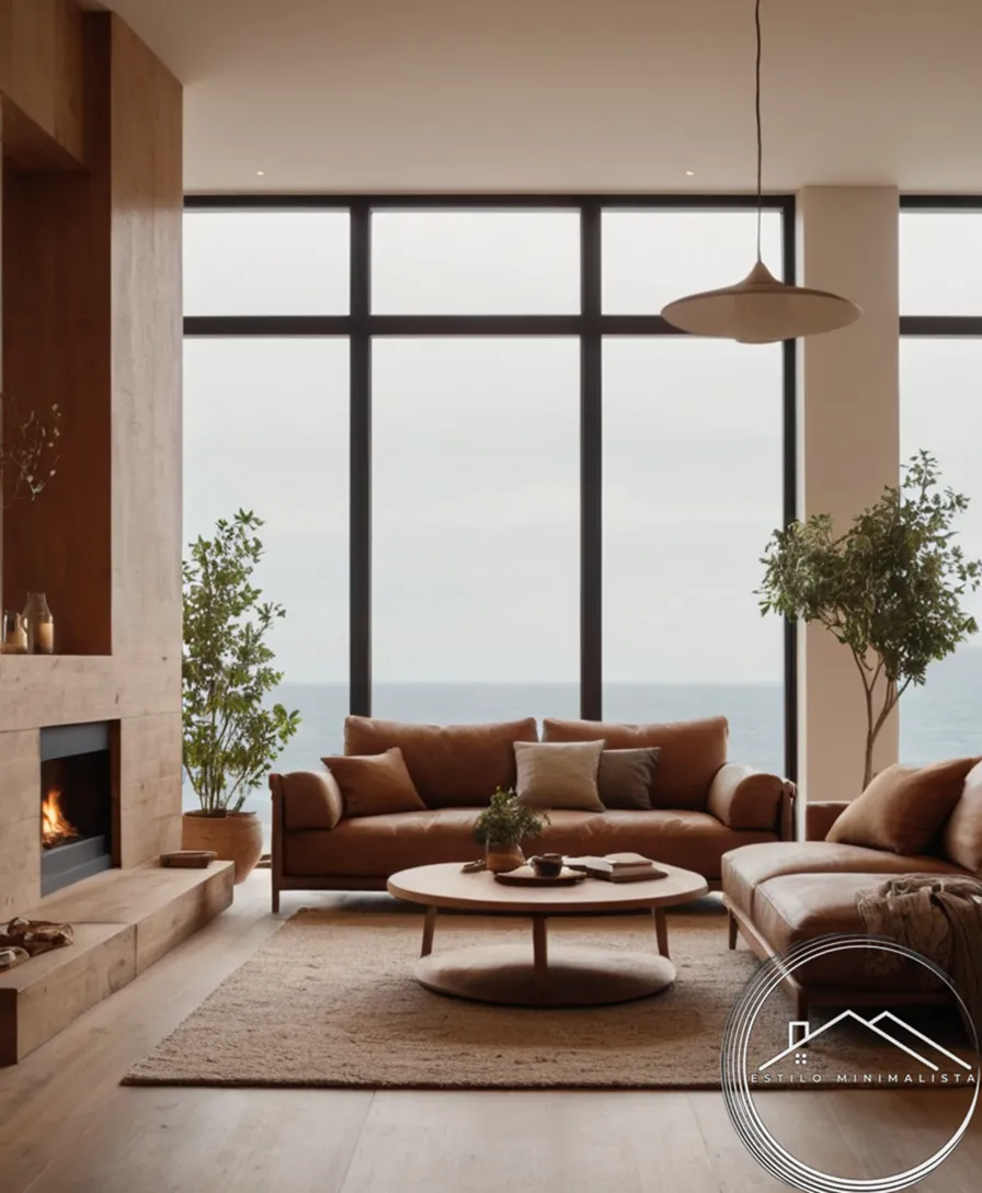 A minimalist living room with warm, cozy elements and decor.