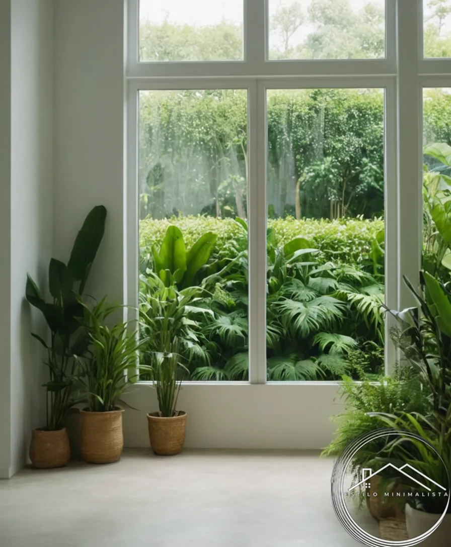 A simple, minimalist indoor space with lush greenery and plants.