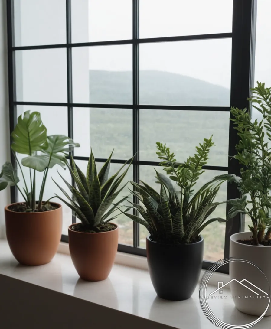 3-5 compact, beautifully arranged plants and minimalist home decor.
