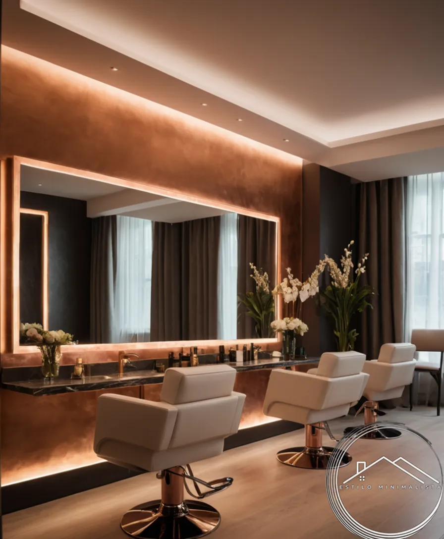 A subtle copper appliqué lighting discreetly illuminating a sleek salon.