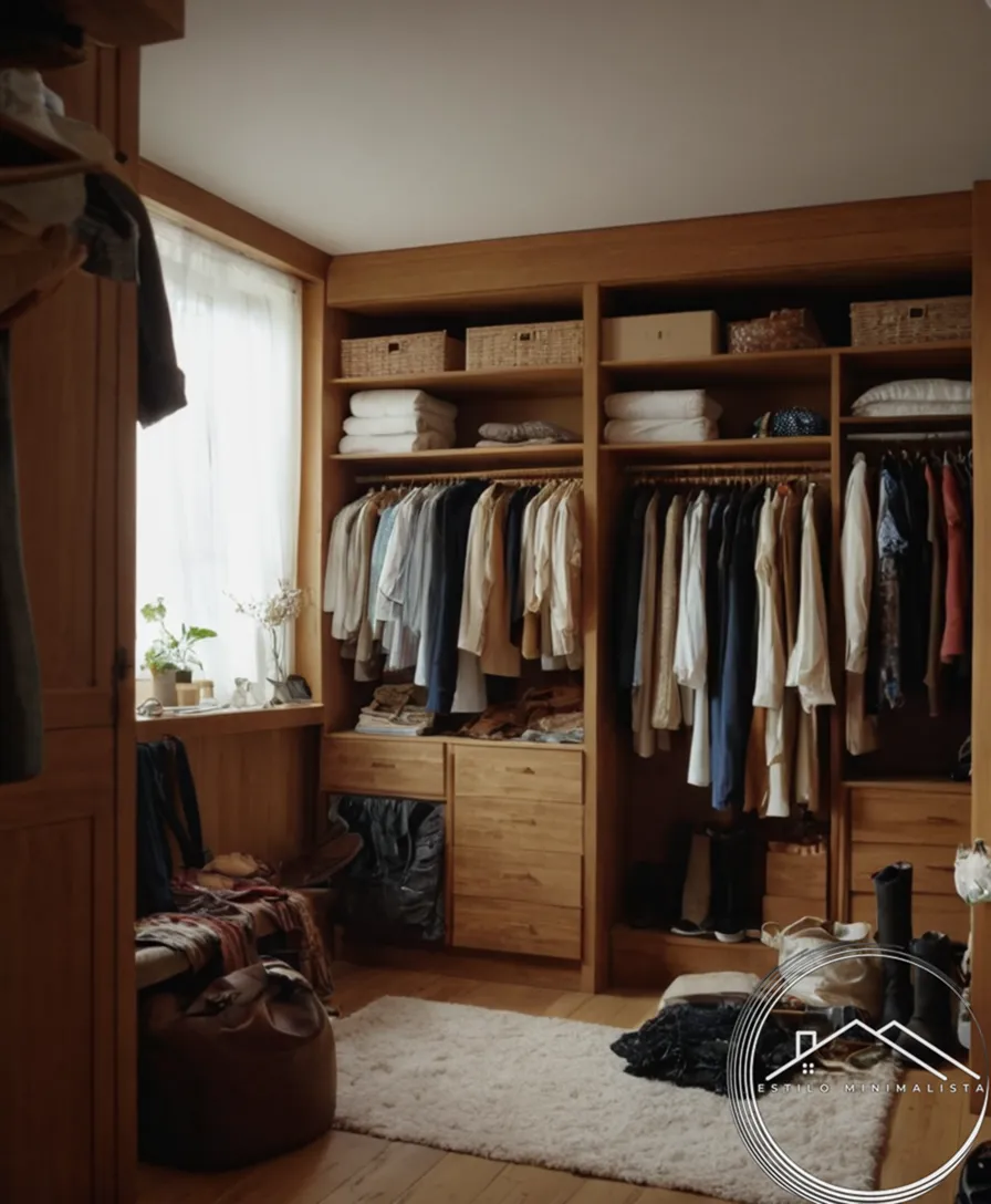 A cluttered closet before minimalist renovation.