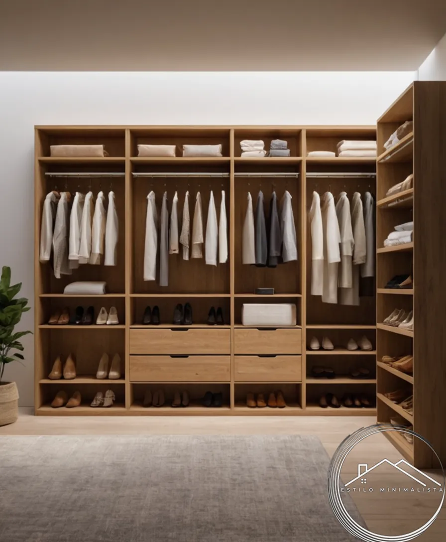 A minimalist, eco-friendly closet organizer system display example.