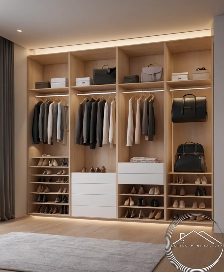 A minimalist wardrobe organizer system in a modern room.