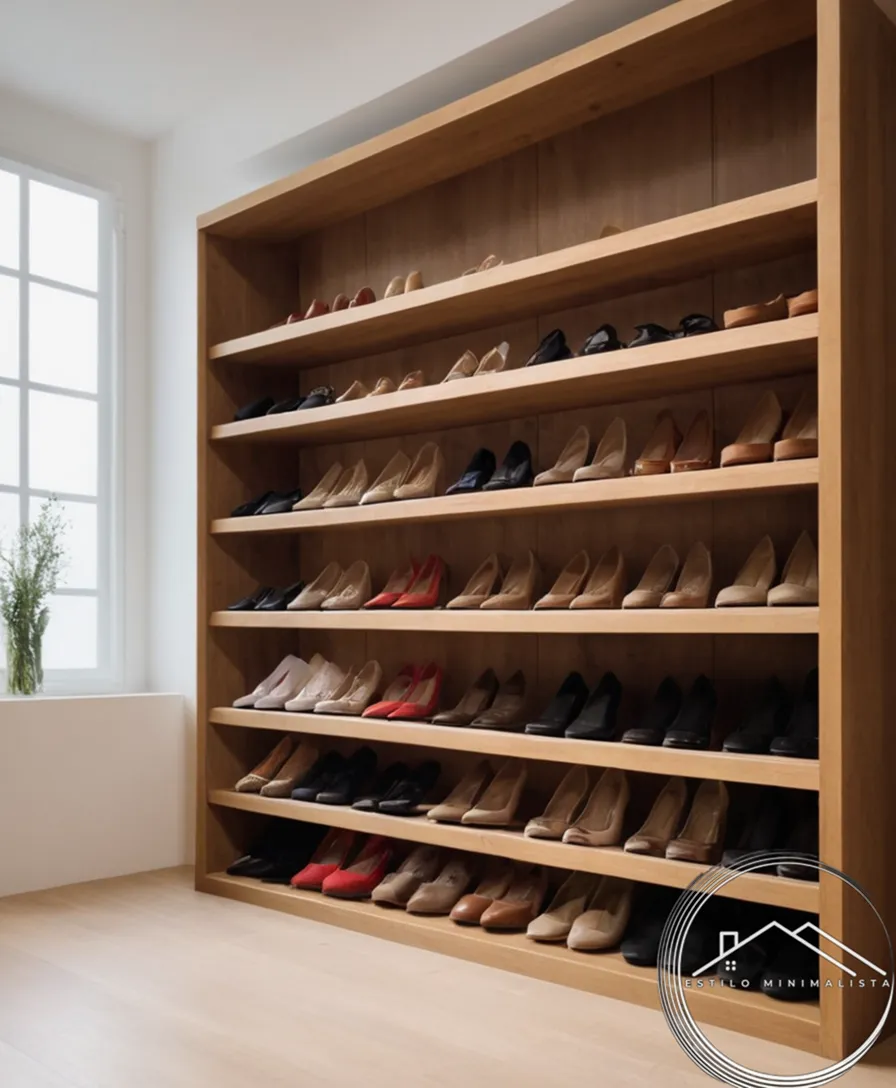 A minimalist, well-organized shoe rack system at home.