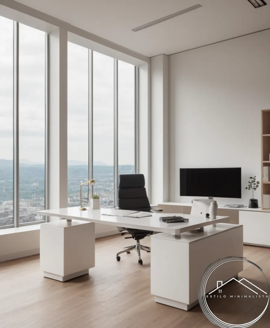 A minimalist office space with modern, streamlined furniture pieces.