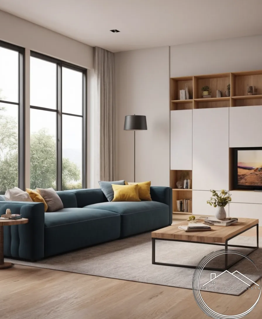 3D rendering of minimalist living room with storage bank.