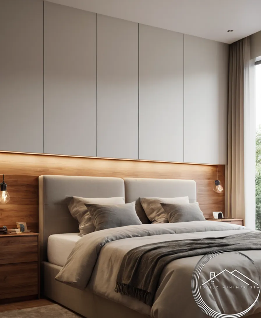A minimalist bedroom headboard with secret storage features.