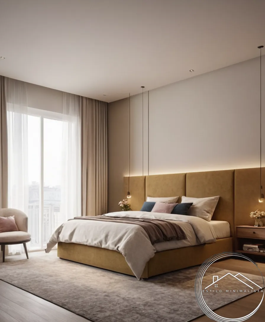A minimalist bedroom with secret storage in headboard and decorative accents.