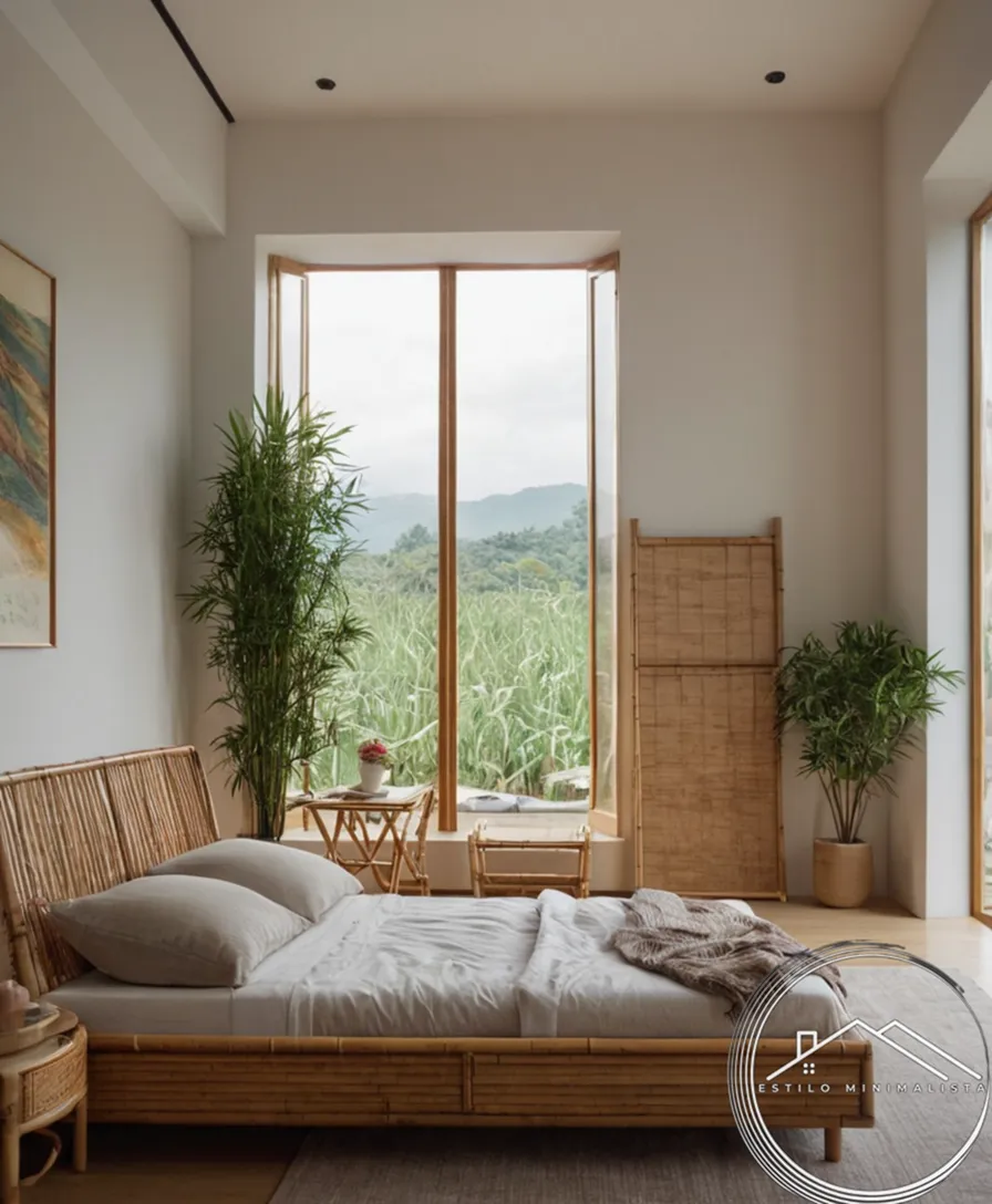 3-4 pieces of minimalist bamboo furniture in a small room.