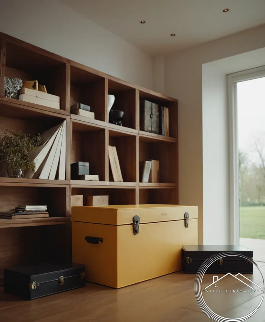 3-5 beautifully designed, minimalist storage boxes and items nearby.