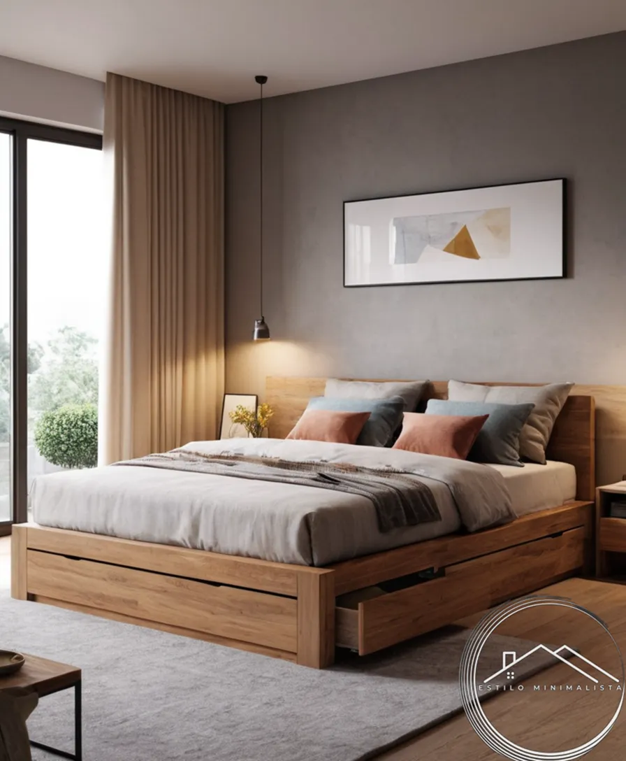 A clutter-free bedroom with a minimalist storage bed.