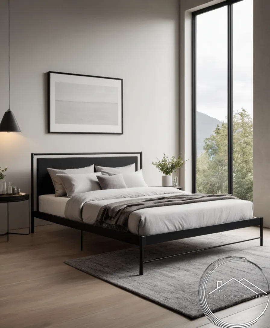 A sleek, minimalist metal bed frame in black.