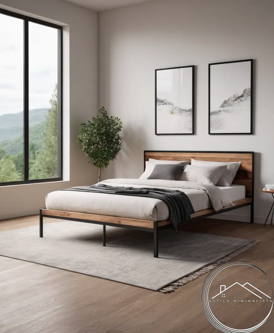 A minimalist metal black bed frame and wooden headboard.