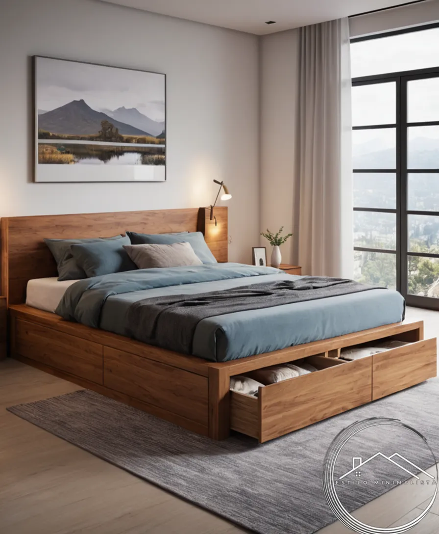 A minimalist platform bed with hidden storage drawers.