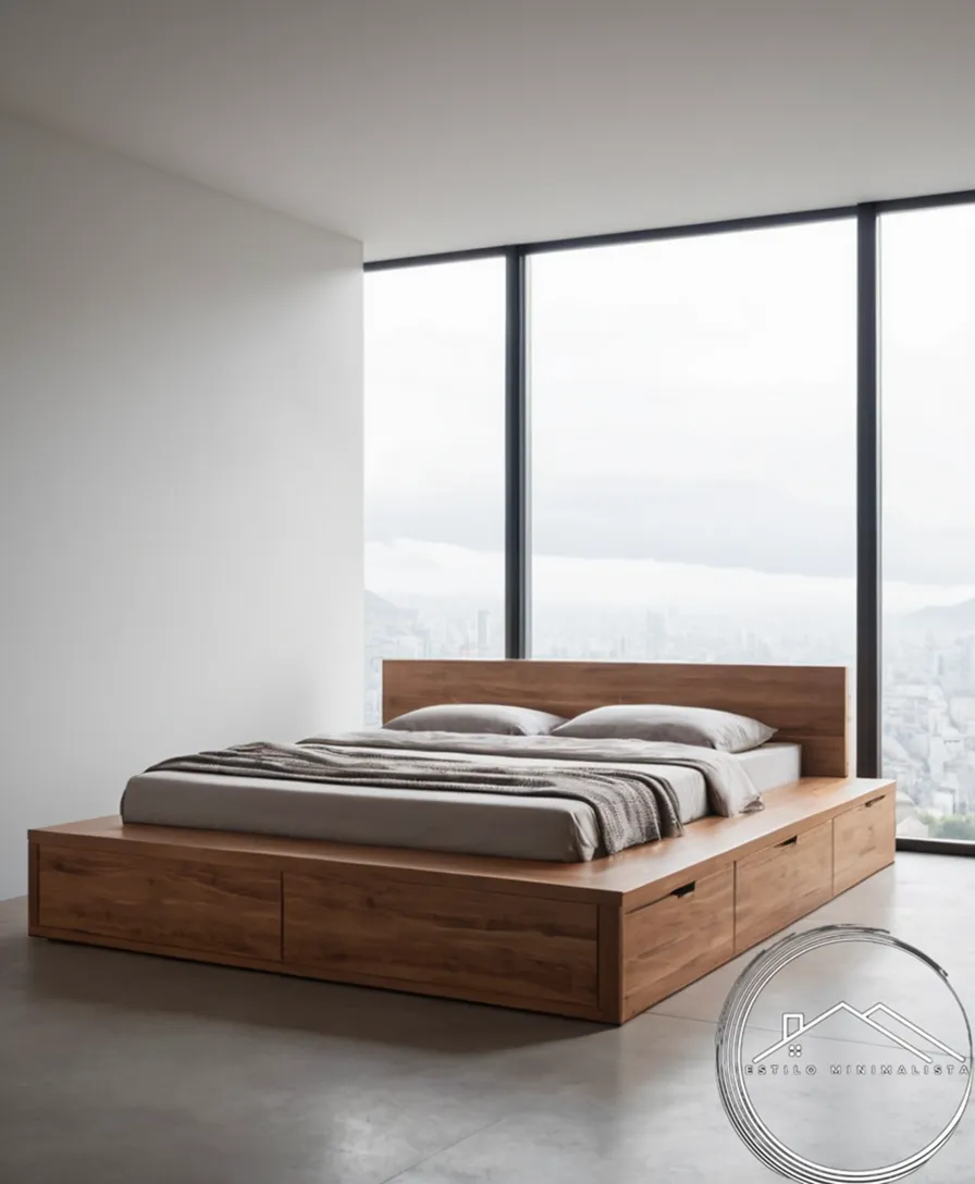 A minimalist bed platform with integrated storage.