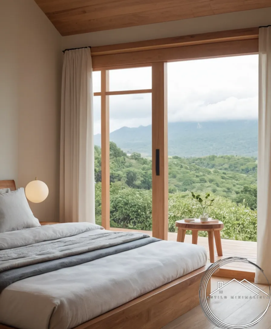 A minimalist wooden bed in a serene bedroom setting outside.