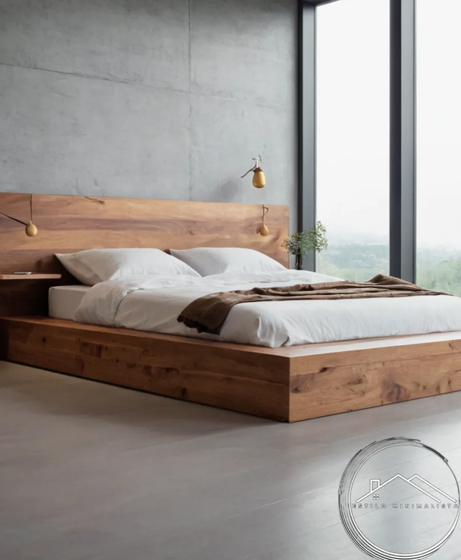 A minimalist wooden bed with natural robust finish.
