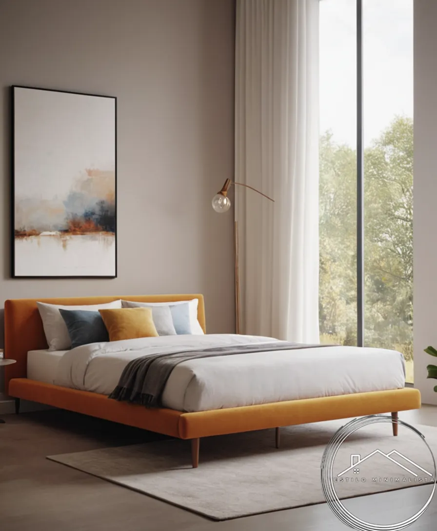 A minimalist bed with high legs in a modern bedroom setting.