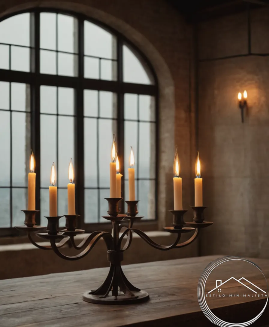 Forged iron industrial candelabra in a minimalist interior setting.