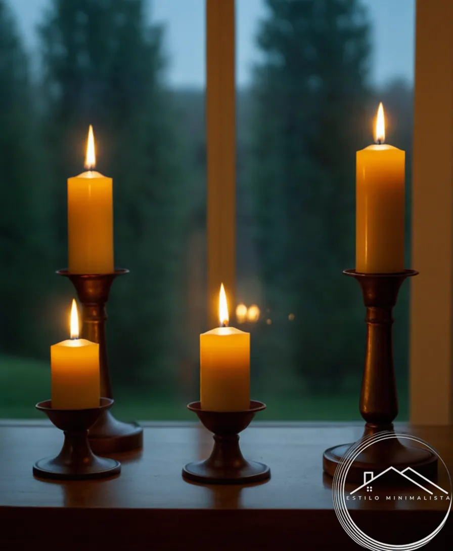 5 minimalist iron candle holders illuminated in an elegant home setting.