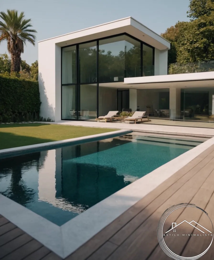 A minimalist home exterior with calm indoor pool nearby.
