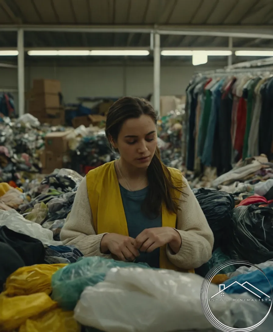A person surrounded by recyclable clothing items at a recycling center.