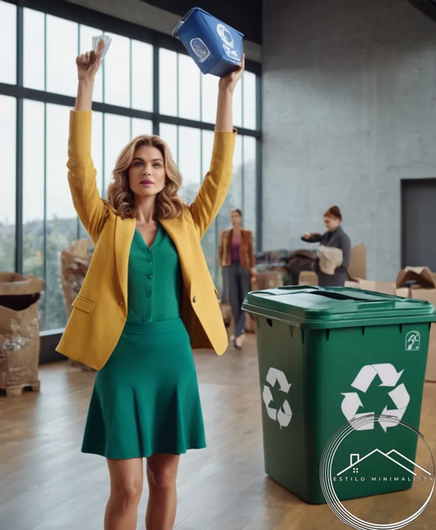Woman holding up a recycling bin next to a fashion icon.