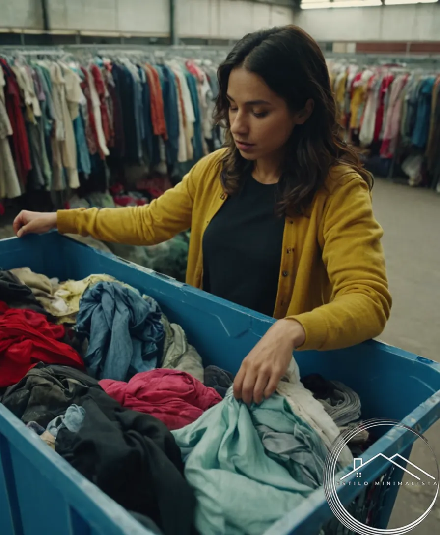 A person holding or donating used clothes to a recycling center.