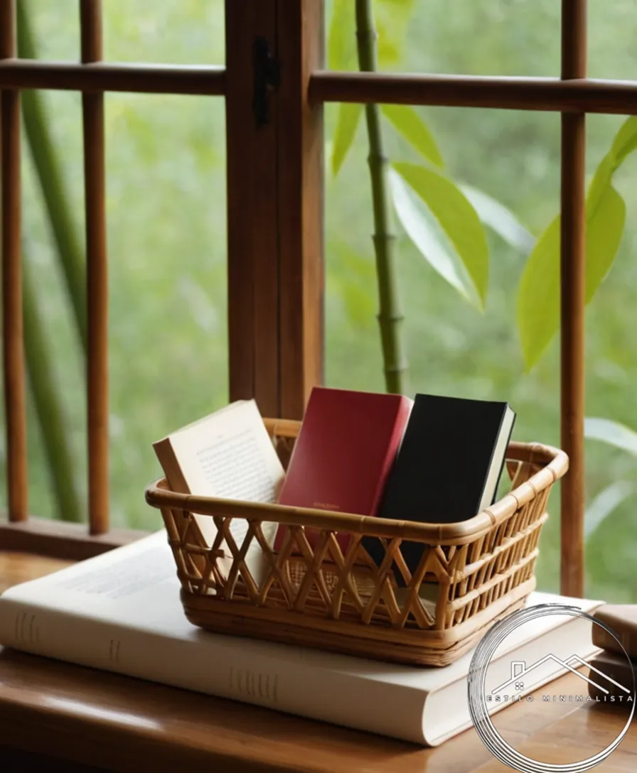 A minimalist bamboo basket filled with books.