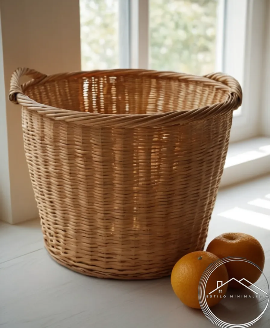 A minimalist wicker storage basket on natural background.